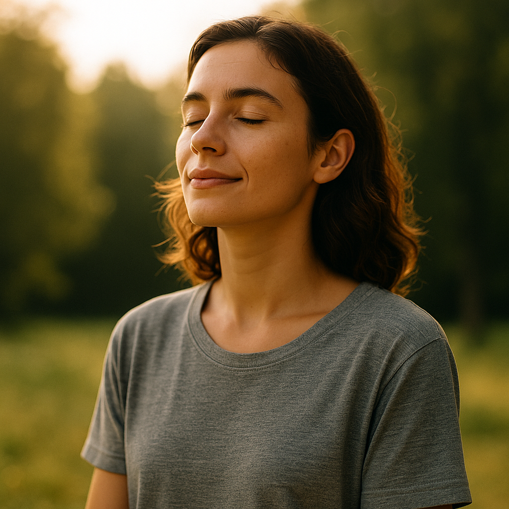 Woman standing peacefully outdoors with eyes closed, enjoying a moment of calm